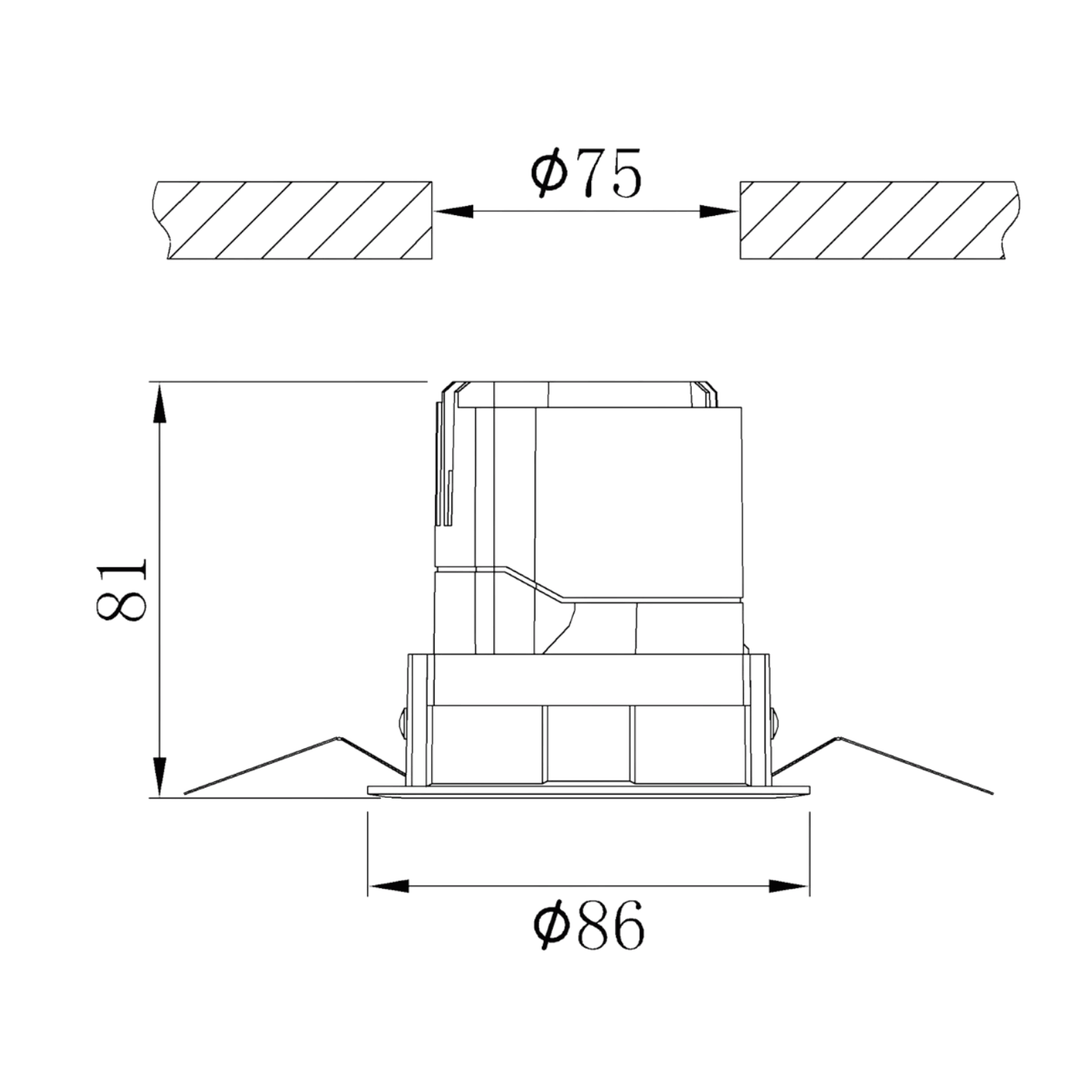 The cutout for the downlight is 75mm, and a diameter of 86mm, which is suitable for most of the applications.