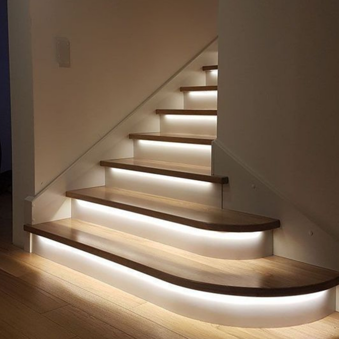 Balmain strip light lighting up indoor staircase steps
