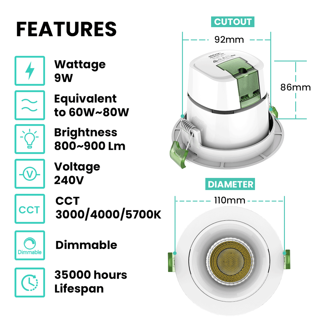 Daintree 111 - 10W-IP44-LED Downlight - Dimmable-CCT-Tricolour-Changeable - 90mm Cutout-Elekzon