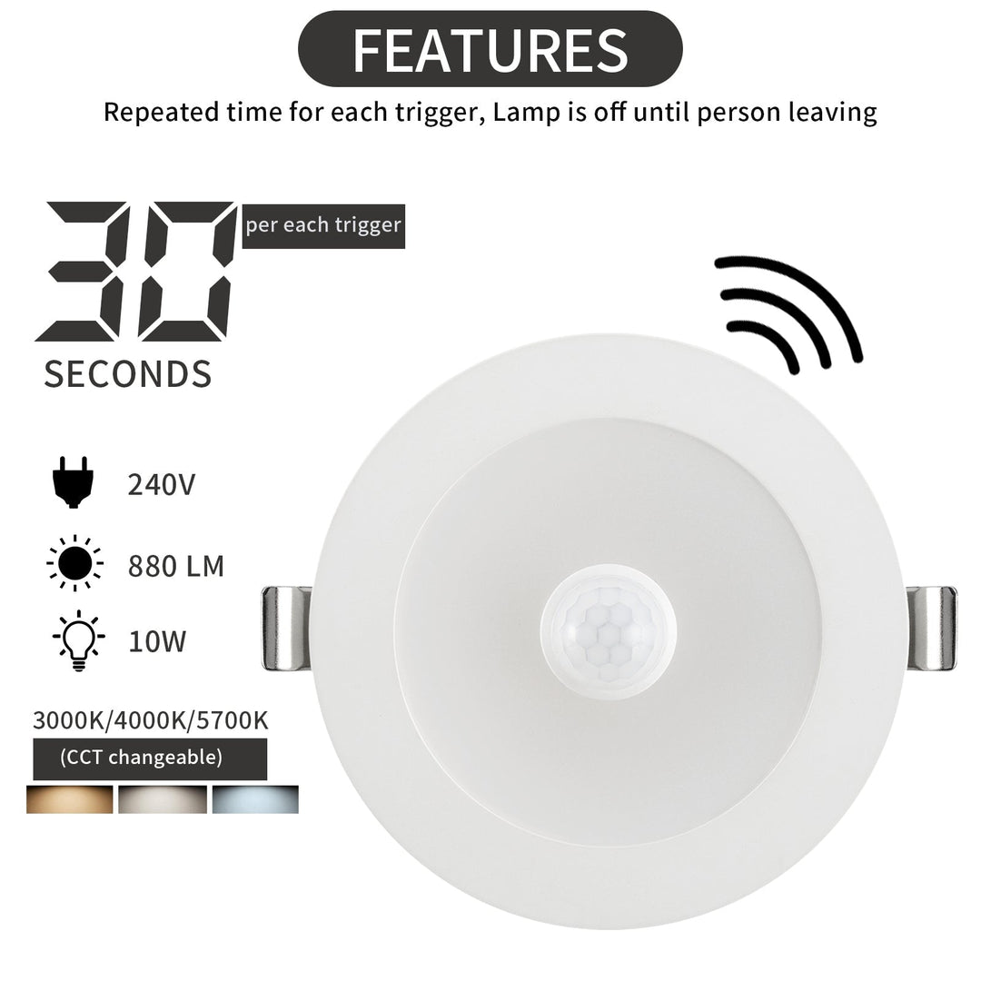 Daintree PIR Sensor Downlight - Key Features - 30 Second Timer - Motion Sensor - IP54 - Tricolour - 10W - 90mm Downlight