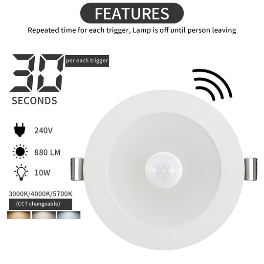 Daintree PIR Sensor Downlight - Key Features - 30 Second Timer - Motion Sensor - IP54 - Tricolour - 10W - 90mm Downlight