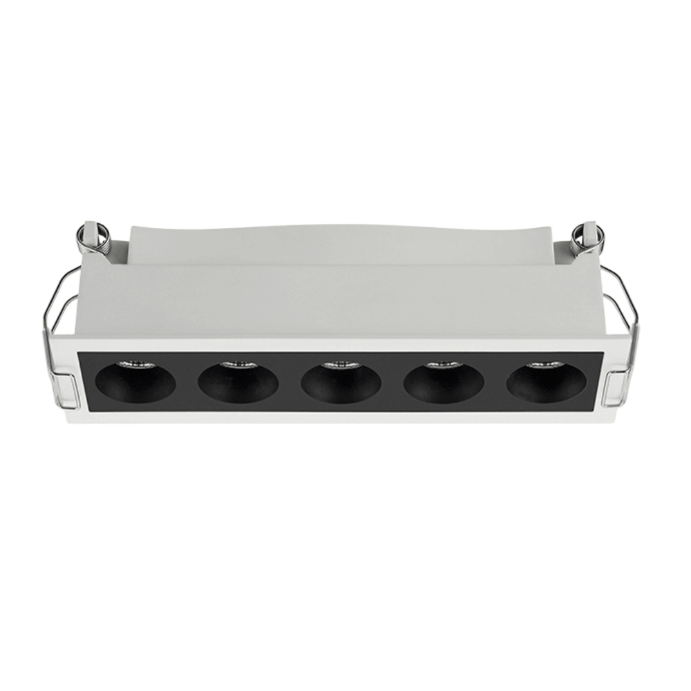The linear downlight has white aluminium trim, deep recessed 5pcs mini light spots