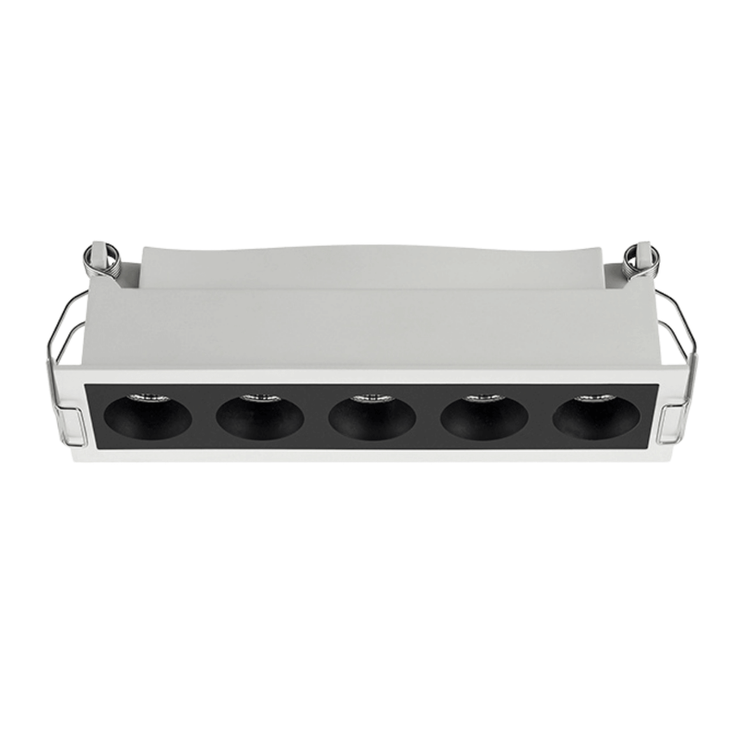 The linear downlight has white aluminium trim, deep recessed 5pcs mini light spots