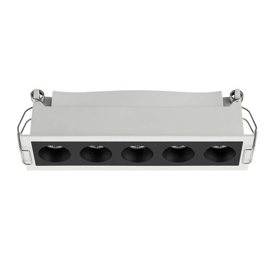 The linear downlight has white aluminium trim, deep recessed 5pcs mini light spots