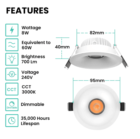 Yarra Premium Downlight - Key Features - IP54 - Dimmable - 3000K - Curved Trim - White Housing