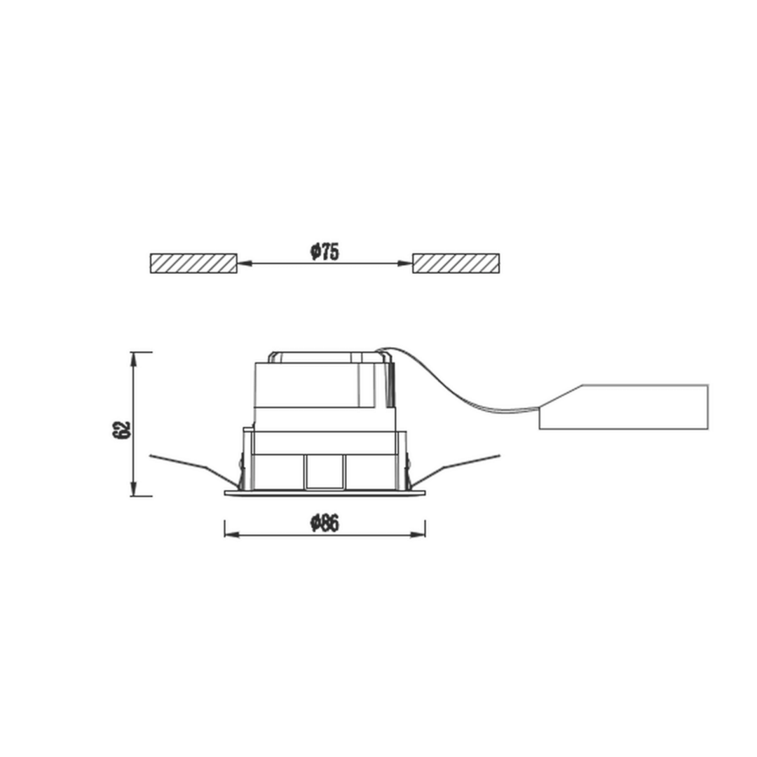 The fixed downlight with a 75mm cutout, 86mm diameter and 62mm height, which is suitable for low profile ceiling