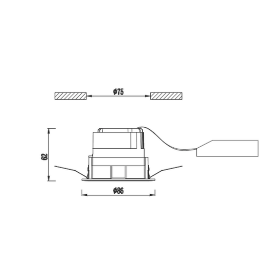The fixed downlight with a 75mm cutout, 86mm diameter and 62mm height, which is suitable for low profile ceiling