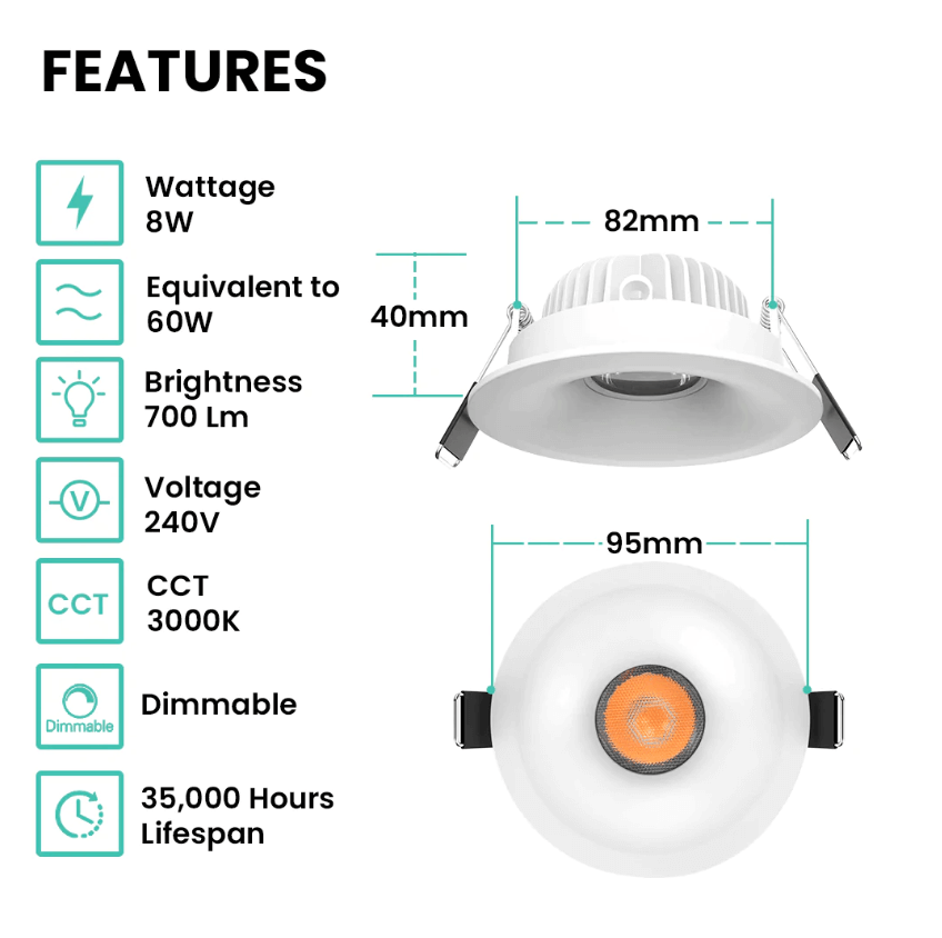 Yarra Premium Downlight - Key Features - IP54 - Dimmable - 3000K - Curved Trim - White Housing