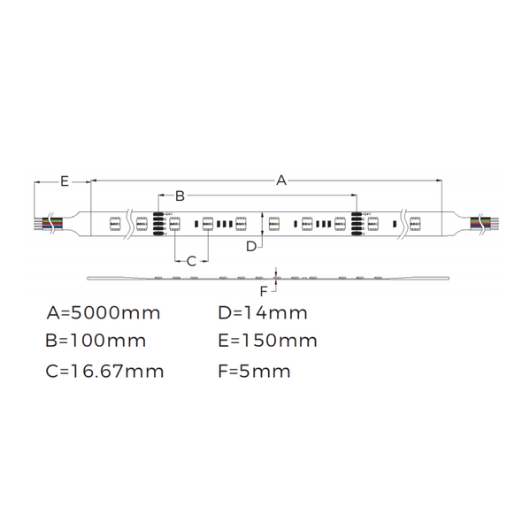 led strip light dee why ip66 dimension, which is 5 meters long and PCB width of 14mm, it can be cut in every 100 increment.